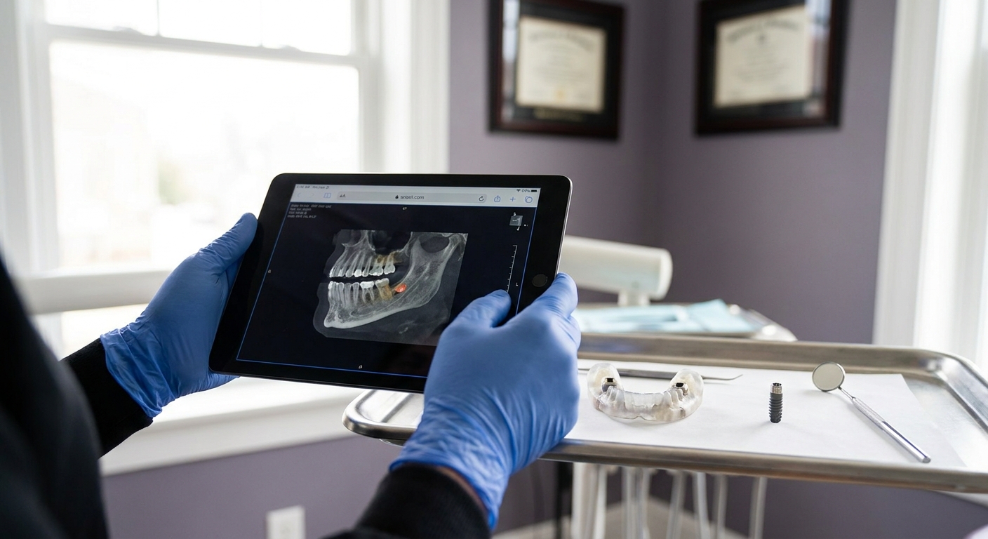 Dentist reviewing cone beam CT jaw scan with dental implant planning tools on clinical tray