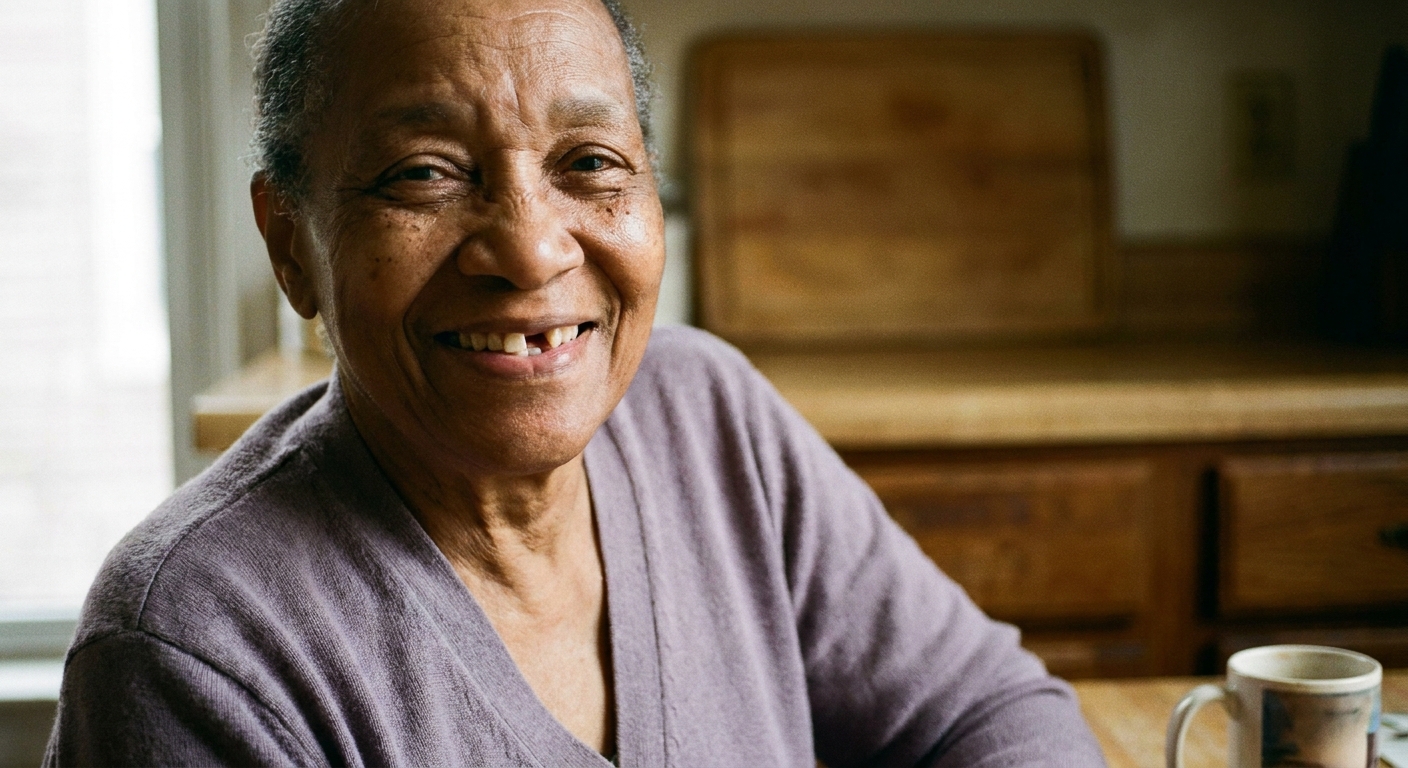 Senior smiling with missing tooth gap in natural home lighting