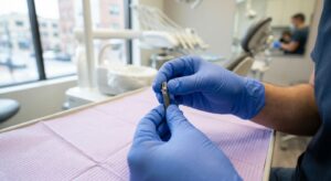 Dental professional holding titanium dental implant post in clinical setting
