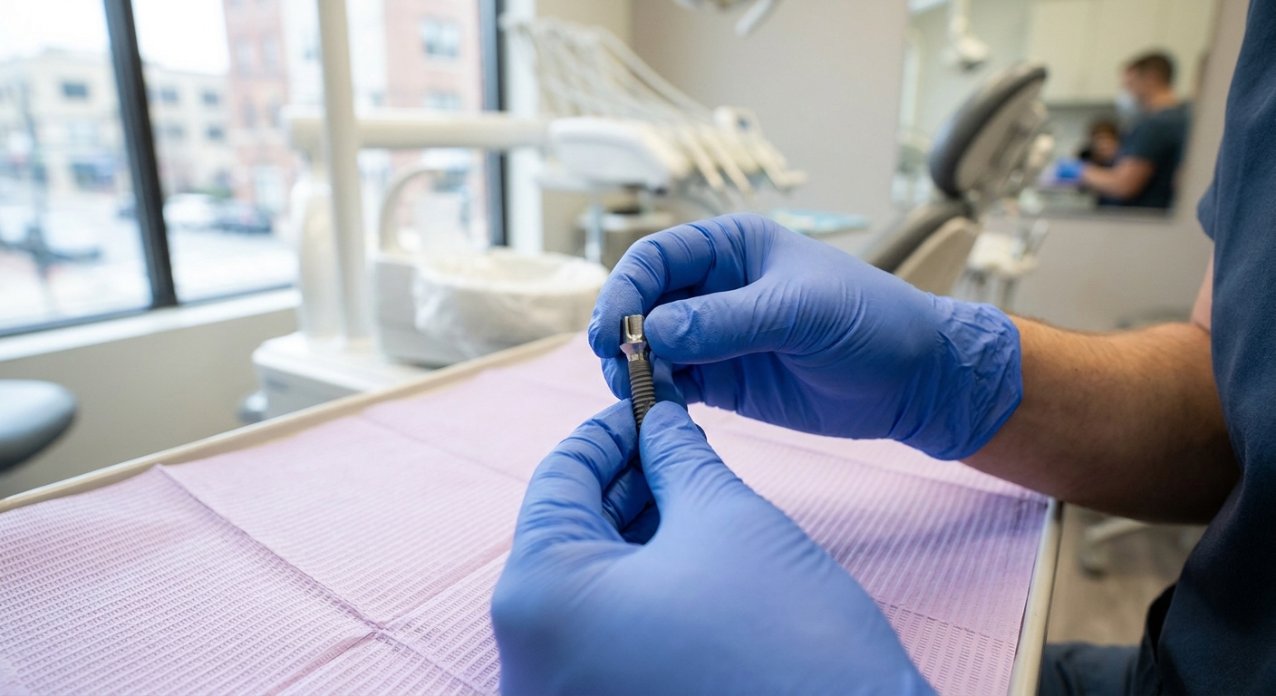 Dental professional holding titanium dental implant post in clinical setting