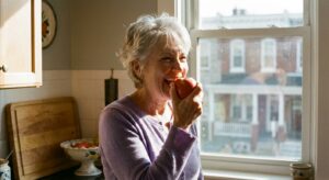 Healthy senior woman in her 70s biting into a fresh apple in home kitchen, demonstrating dental confidence and quality of life