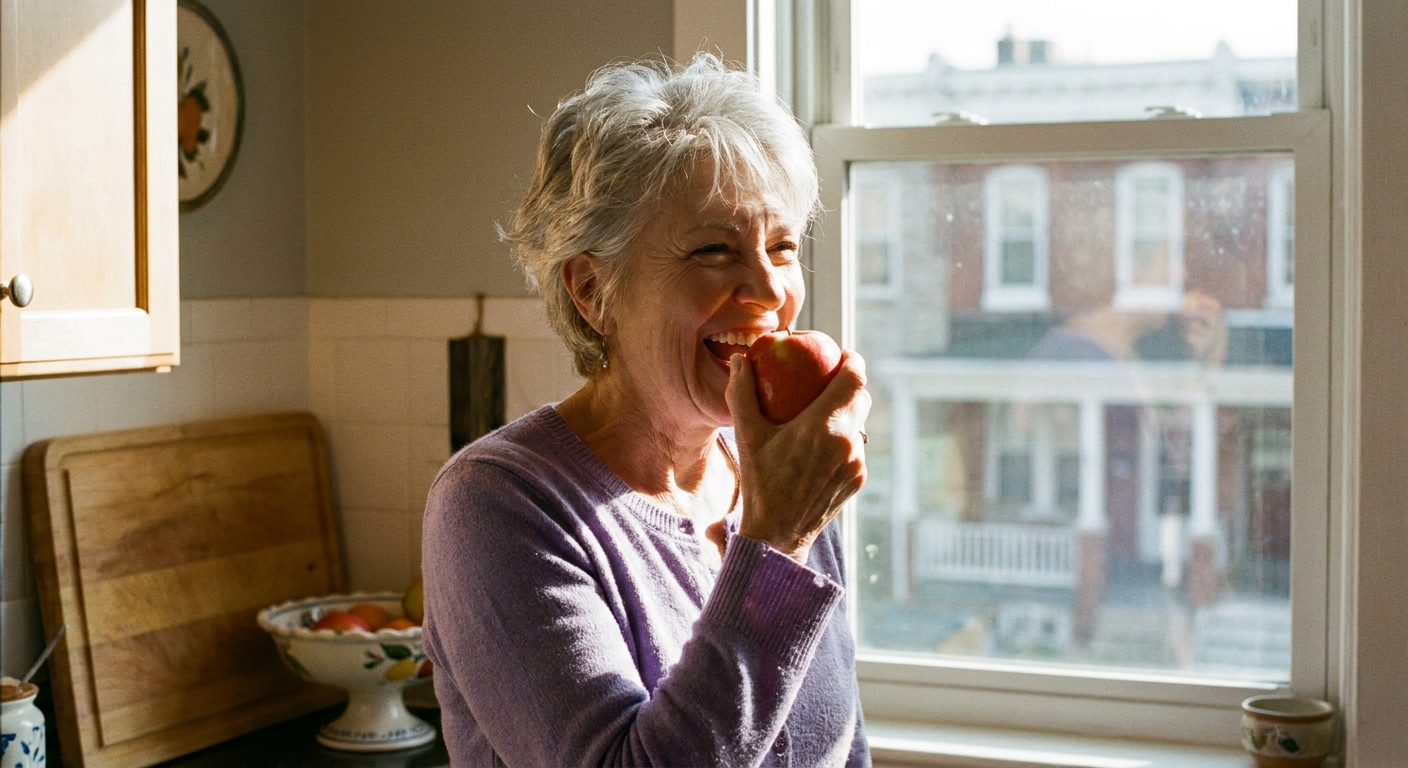 Healthy senior woman in her 70s biting into a fresh apple in home kitchen, demonstrating dental confidence and quality of life