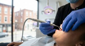 Dental hygienist performing professional teeth cleaning with ultrasonic scaler at Baltimore Emergency Dental